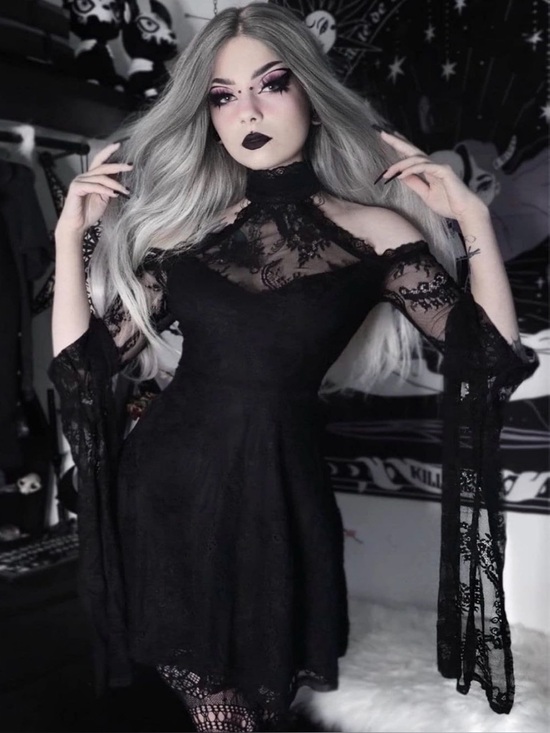 Lanshulan Dresses & Skirts - NWT Gothic Velvet and Lace Split Sleeve Cold Shoulder Mesh Dress Black Medium